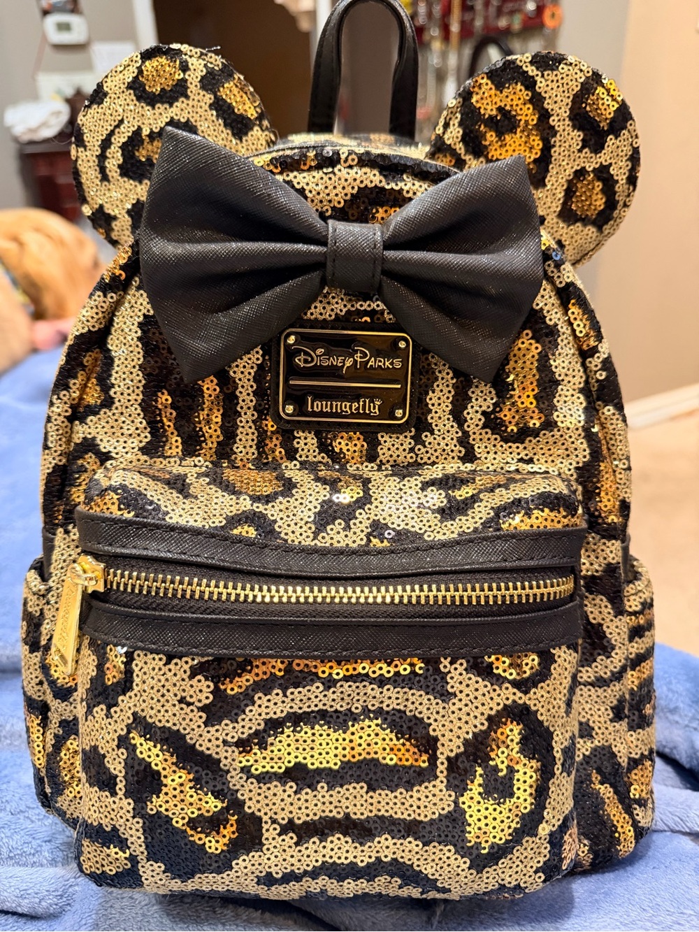Loungefly Gold and Black Leopard Sequin Mini Backpack with Bow Ears